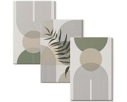 Wallfluent Set van canvas schilderijen - Abstracte vormen in tinten groen en beige Canvas Schilderijen Set - set 3 stuks 40x60 cm - Groente Set van Canvas Prints - Abstractie Canvas Kunst Set - Boheemse Canvas Kunst Set