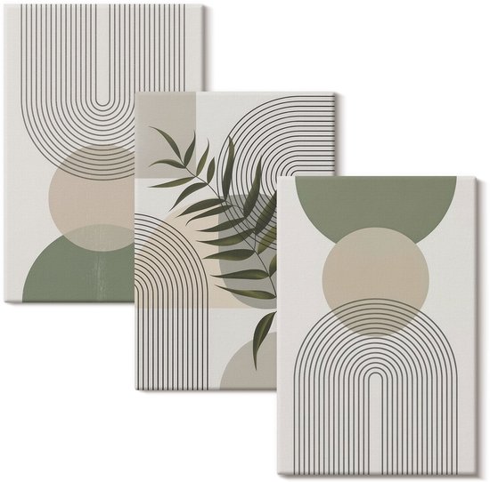 Wallfluent Set van canvas schilderijen - Abstracte vormen in tinten groen en beige Canvas Schilderijen Set - set 3 stuks 40x60 cm - Groente Set van Canvas Prints - Abstractie Canvas Kunst Set - Boheemse Canvas Kunst Set
