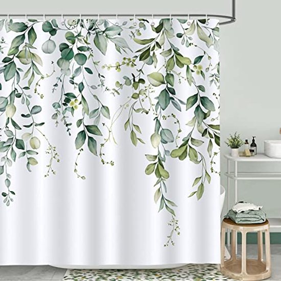 Bonhause Douchegordijn, eucalyptusbladeren, groene plant, 180 x 200 cm, badgordijn, polyester, schimmelbestendig, waterdicht, wasbaar, badkamergordijn met 12 haken voor badkuip