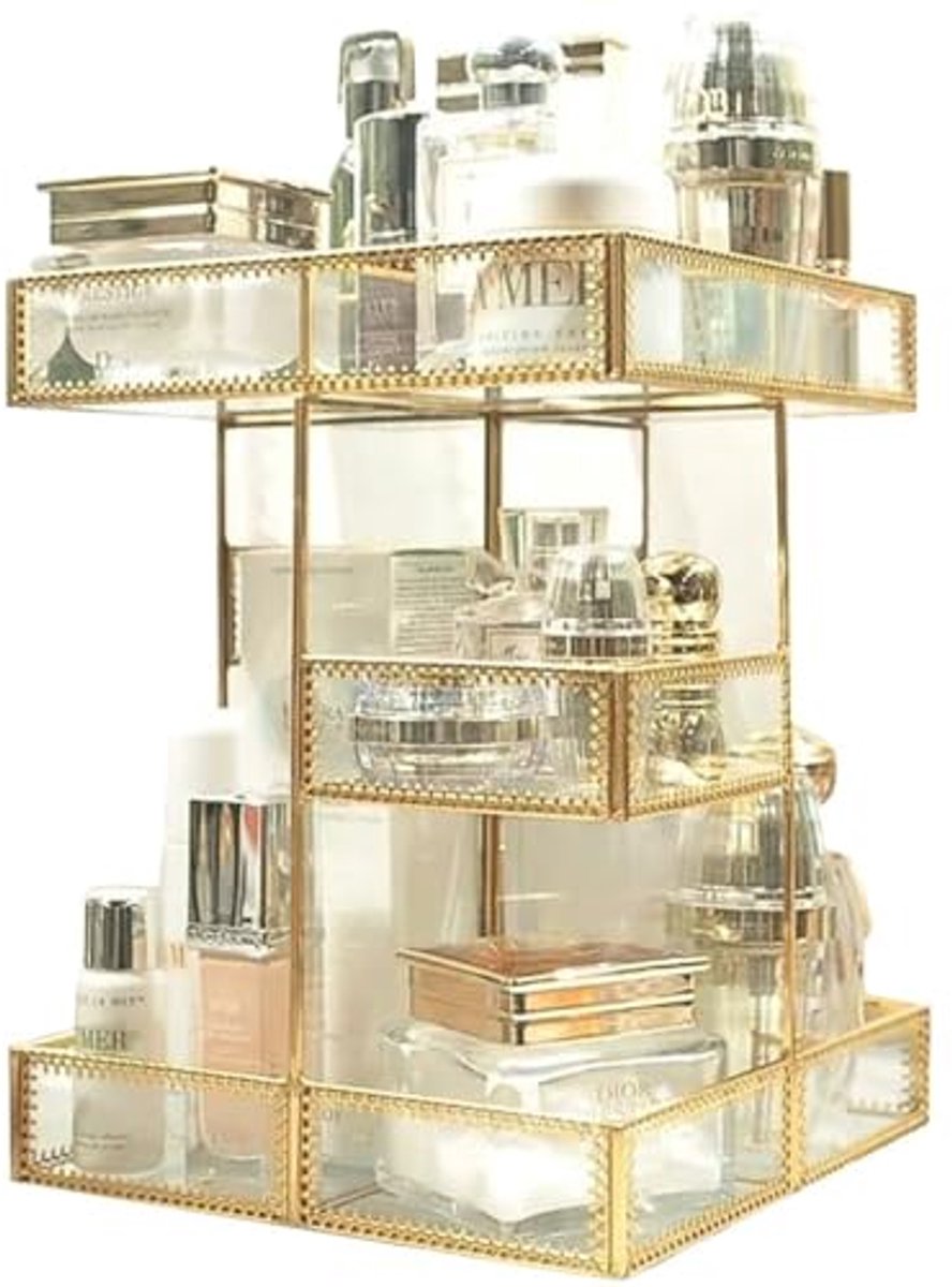 360 Graden Rotatie Make-up Organizer - Antiek Cosmetische Opbergdoos met Spiegel en Grote Capaciteit
