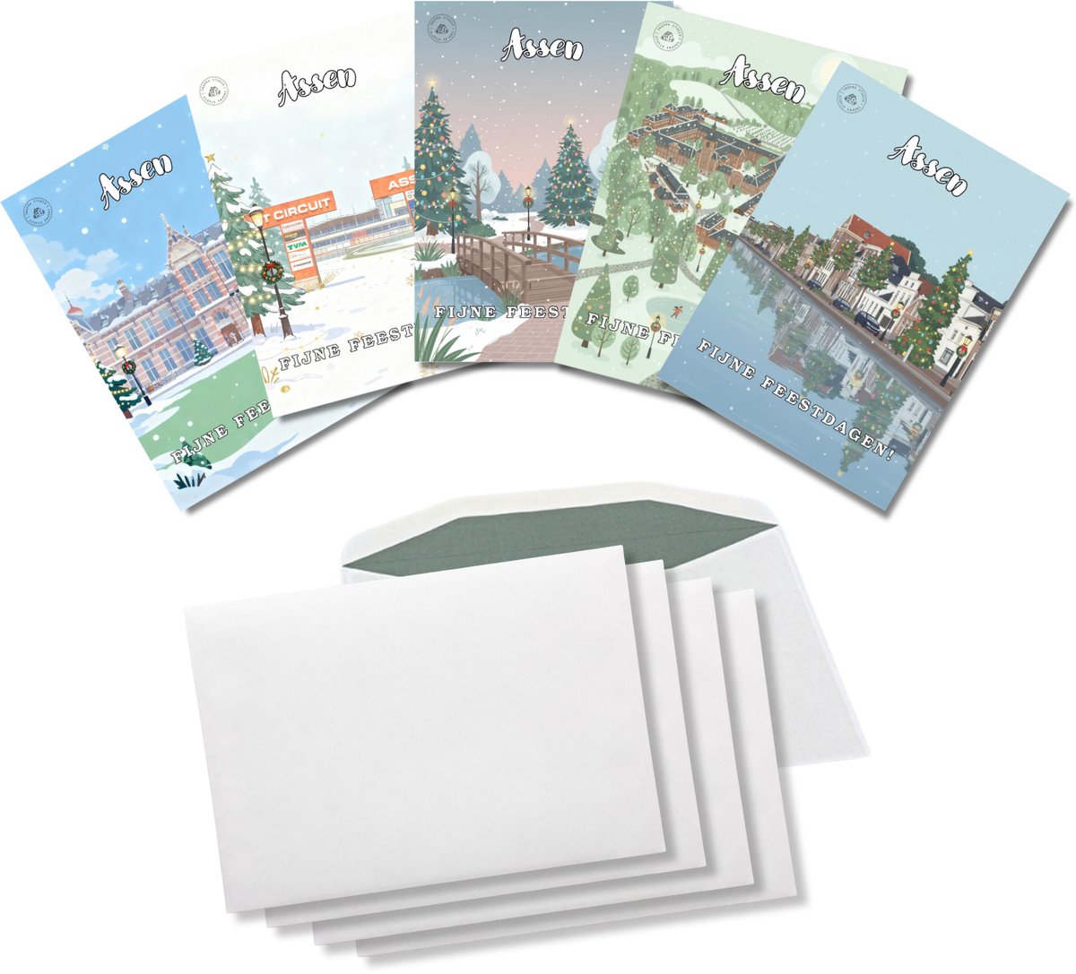 Inspra Studio – Luxe Kerstkaarten met Enveloppen – 5 Stuks – Assen Stad Wenskaarten – Artistieke Illustraties van Nederlandse Steden