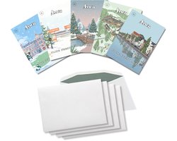 Inspra Studio – Luxe Kerstkaarten met Enveloppen – 5 Stuks – Assen Stad Wenskaarten – Artistieke Illustraties van Nederlandse Steden