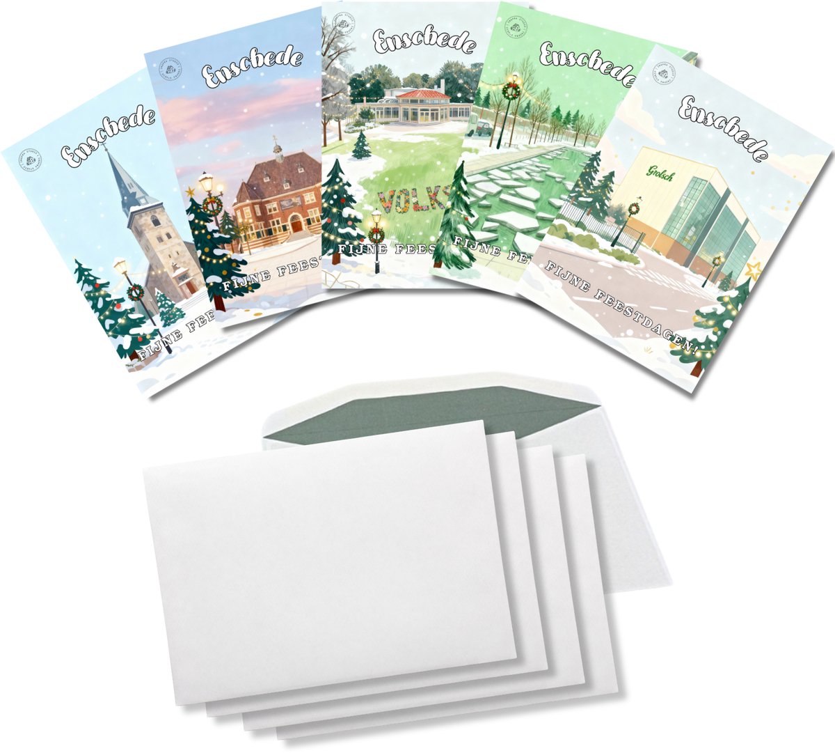 Inspra Studio – Luxe Kerstkaarten met Enveloppen – 5 Stuks – Enschede Stad Wenskaarten – Artistieke Illustraties van Nederlandse Steden