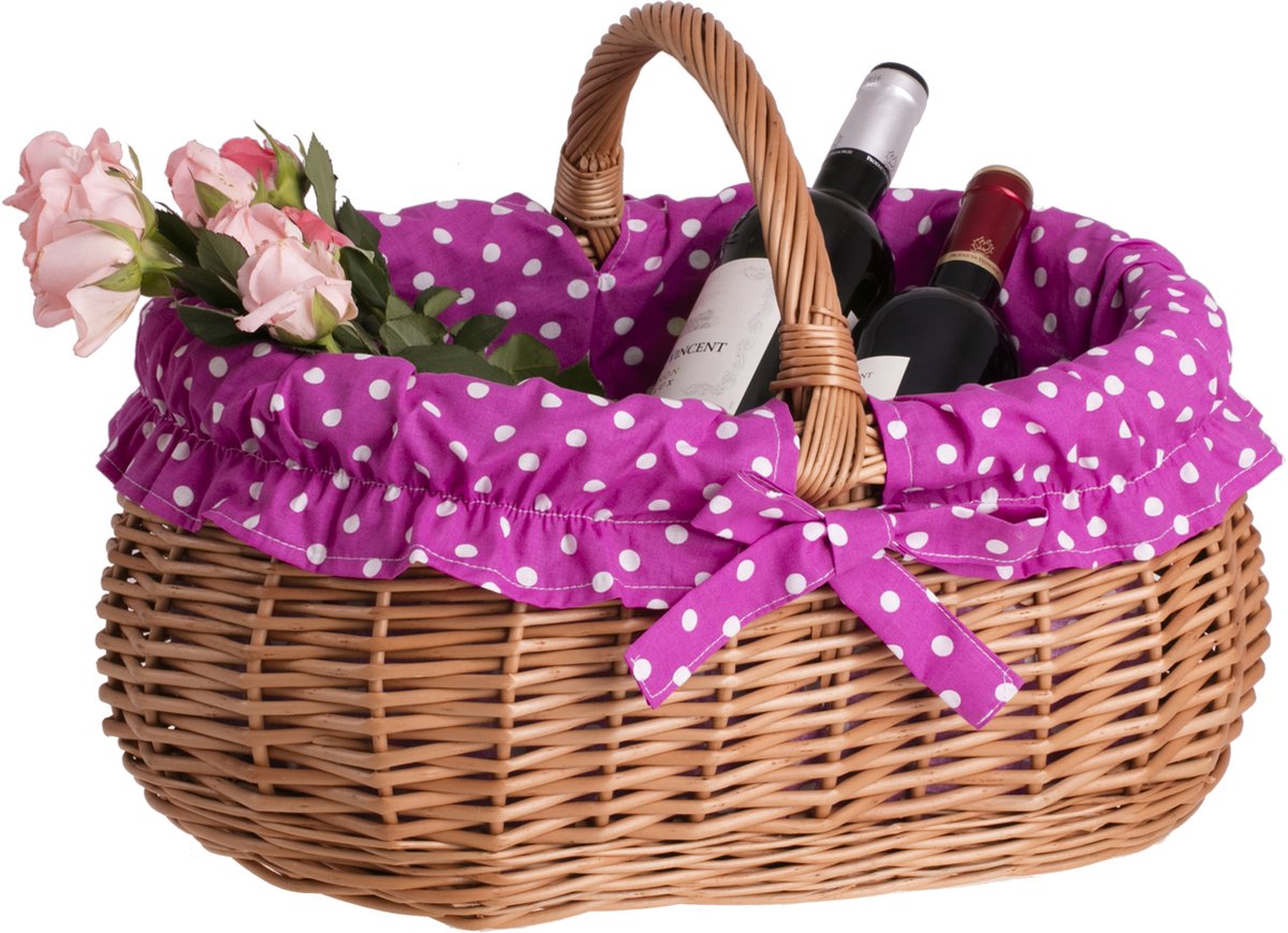 The Wicker Stories - Winkelmandje van Riet met Handvat en Roze Afwerking – Handgemaakt in Europa volgens UNESCO-traditie – Ideaal voor Boodschappen en Picknick