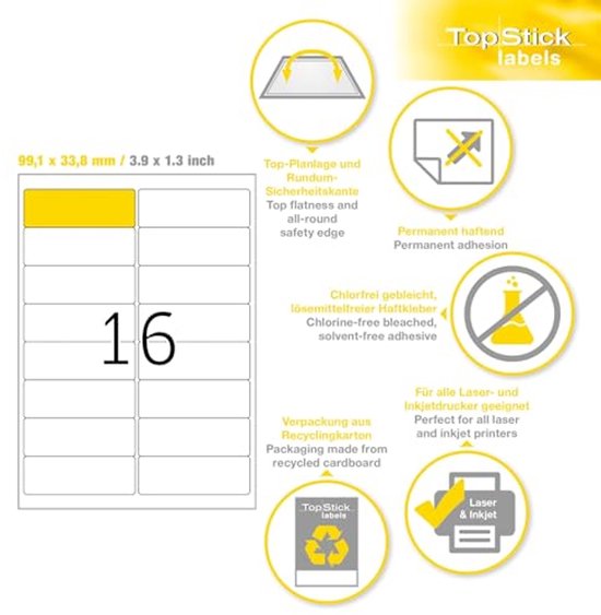 TopStick 8758 Adresstickers – A4, 99,1x67,7 Mm, 100 Vellen (800 Etiketten), Wit, Mat, Zelfklevend, Bedrukbaar, Voor Laser- En Inkjetprinters