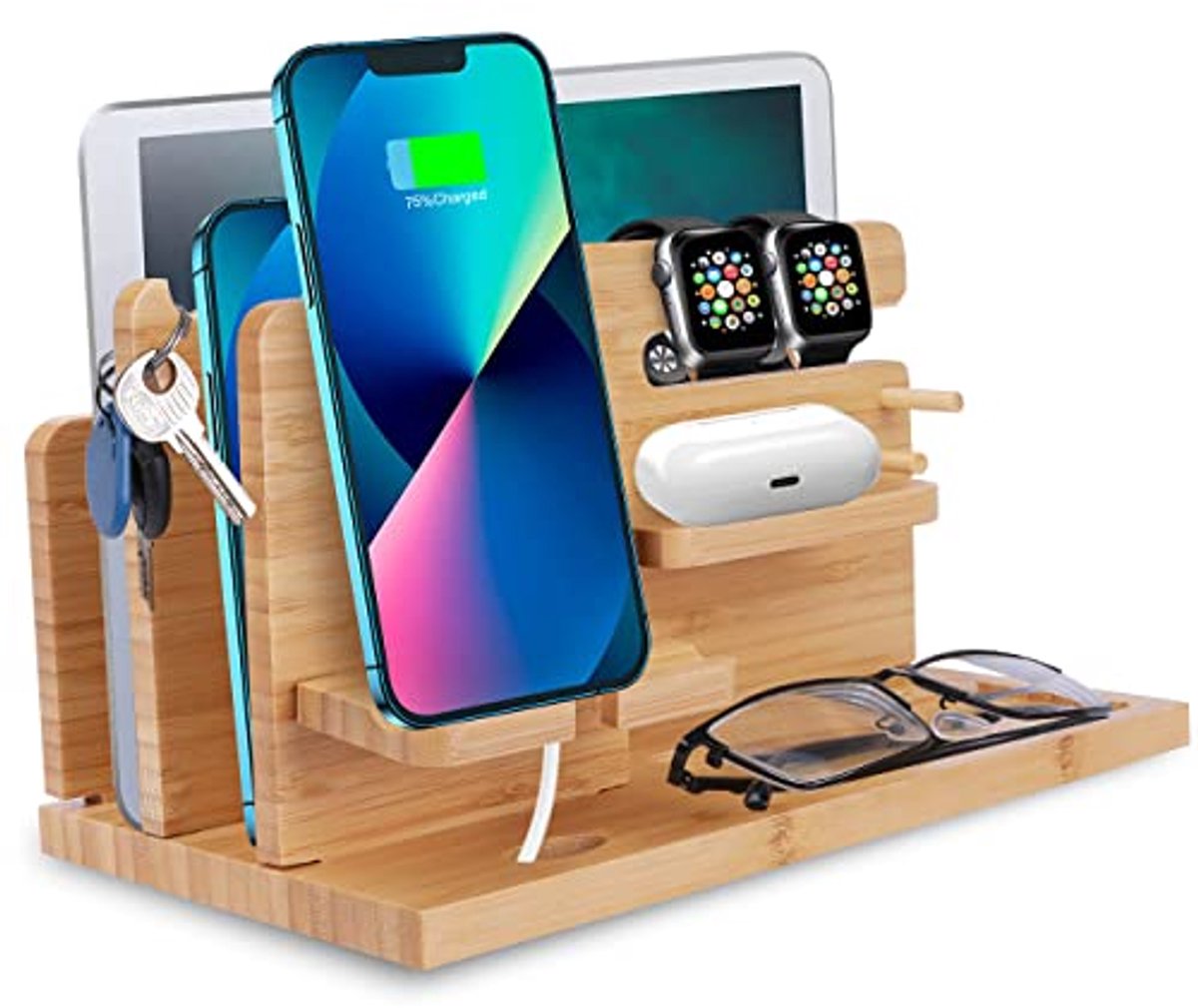 Bamboe Dockingstation voor Meerdere Apparaten - Bureau Organizer en Sleutelhouder