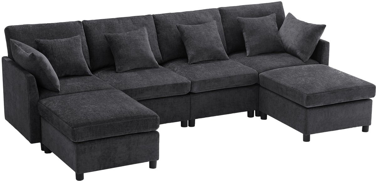 Merax Modern Chenille Hoekbank met Afneembare Voetenbank - L-vormige en U-vormige Modulaire Sofa - 6 Zitsbank met 6 Kussens - Grijs - 278x161x81 cm