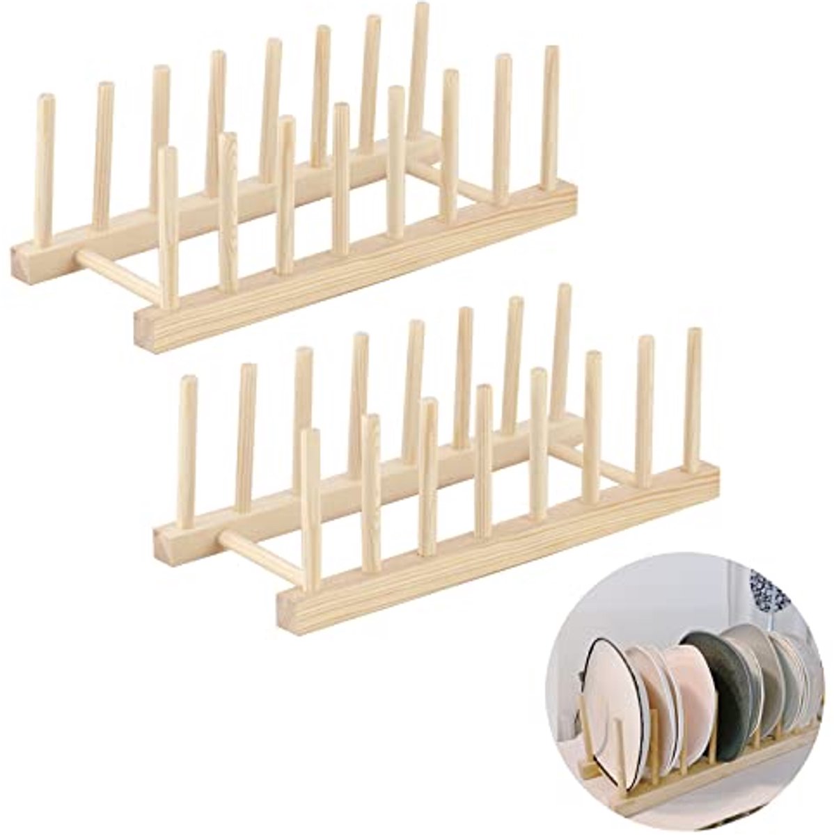 Afdruiprek van hout voor borden en kookaccessoires - 2 stuks