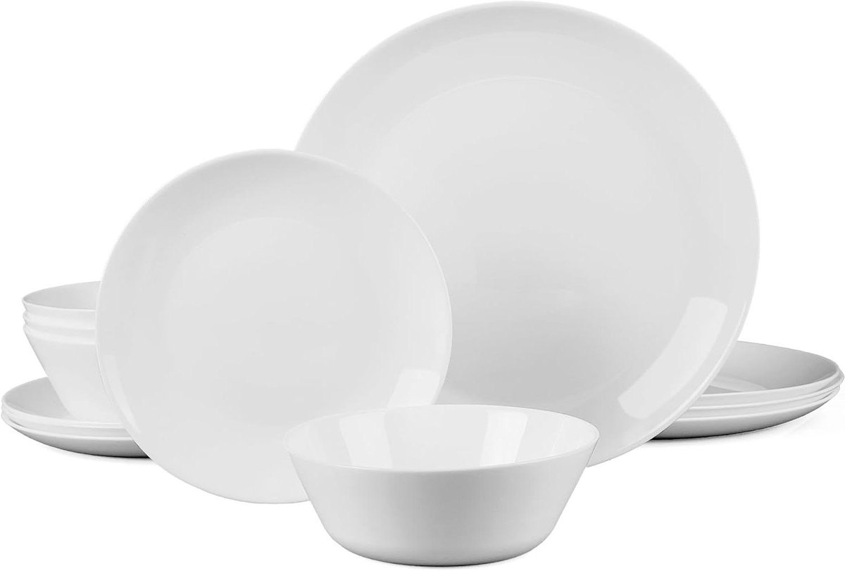 Serviessets 4 personen: Opal glazen 12-delige set - Vaatwasser en magnetron veilig - Chip en krasbestendig - Wit.