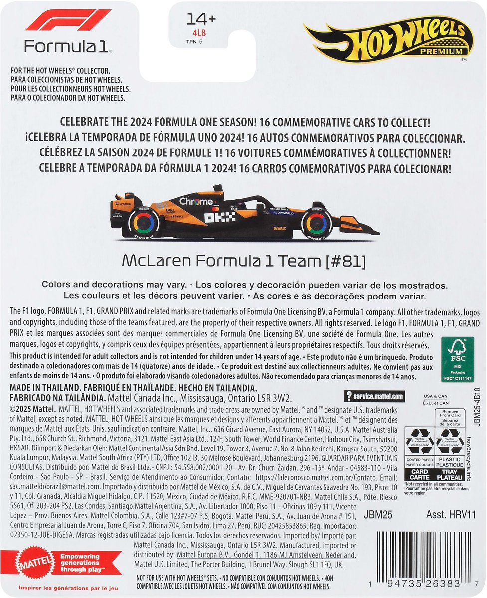 Hot Wheels Premium Metalen Formule 1 Verzamelbaar Speelgoed Raceauto - Oscar Piastri McLaren — afbeelding 2