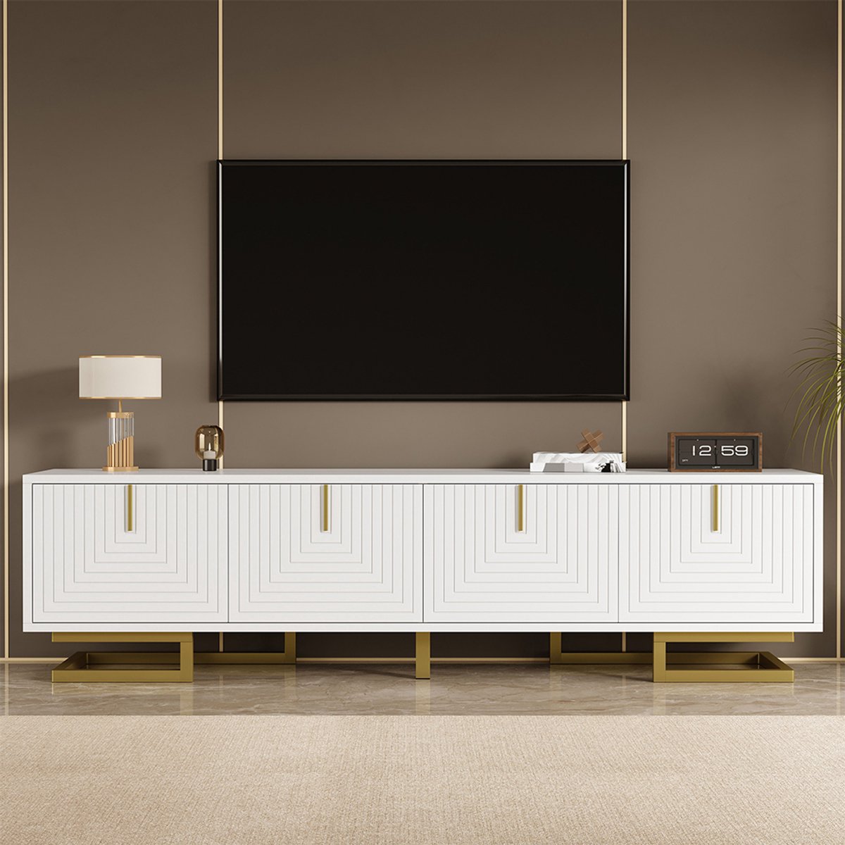 Pugsdrly TV-meubel, laag meubel met gestructureerde deuren, TV-meubel, gouden handgrepen e