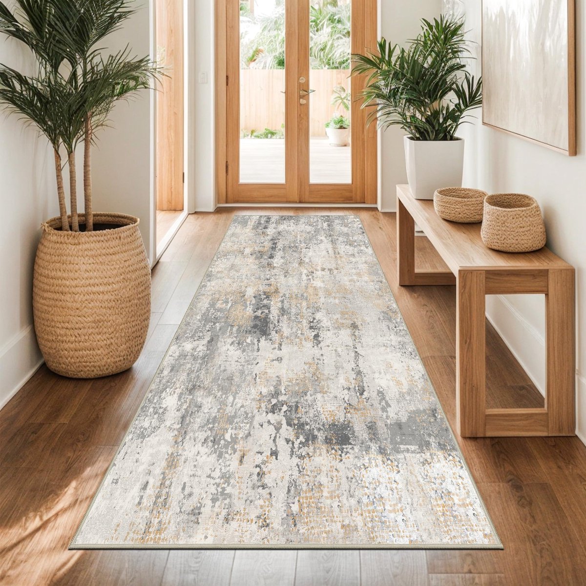 Modern Minimalistisch Abstract Vloerkleed - Wasbaar - Antislip - Kortharig - Kunstwol - Voor Hal, Keuken, Woonkamer en Slaapkamer - Grijsgoud - 80x200cm