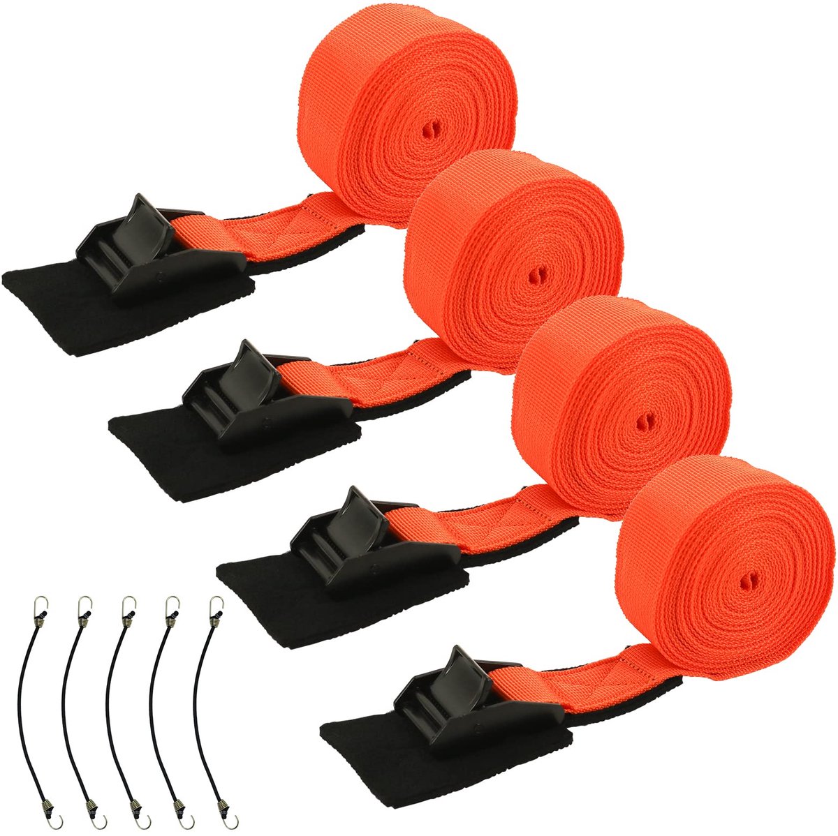 4 Spanbanden Sjorbanden - Met klemgesp en bescherming - 250 kg draagvermogen - Bevestigingsset inclusief vijf spanrubbers voor fietsendrager, motor en auto - Oranje, 3,2 cm x 4 m