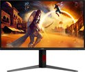 Vooraanzicht van een AOC gaming monitor met beeldscherm vol actie-game afbeelding.
