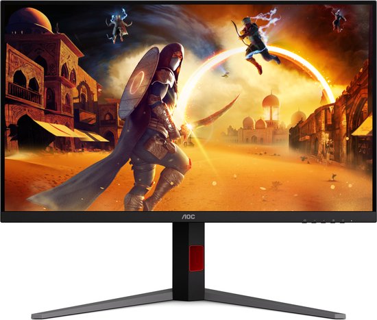 Vooraanzicht van een AOC gaming monitor met beeldscherm vol actie-game afbeelding.