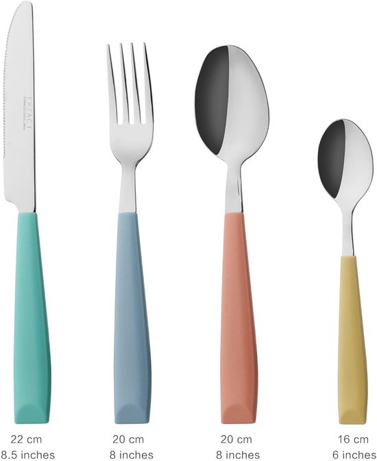 Bestekset 24 stuks gekleurd - roestvrij staal met levendig gekleurde plastic brede handgrepen - comfortabel vast te houden - 6 x vorken, 6 x dinermessen, 6 x eetlepels, 6 x theelepels van Dynamic24 — afbeelding 5