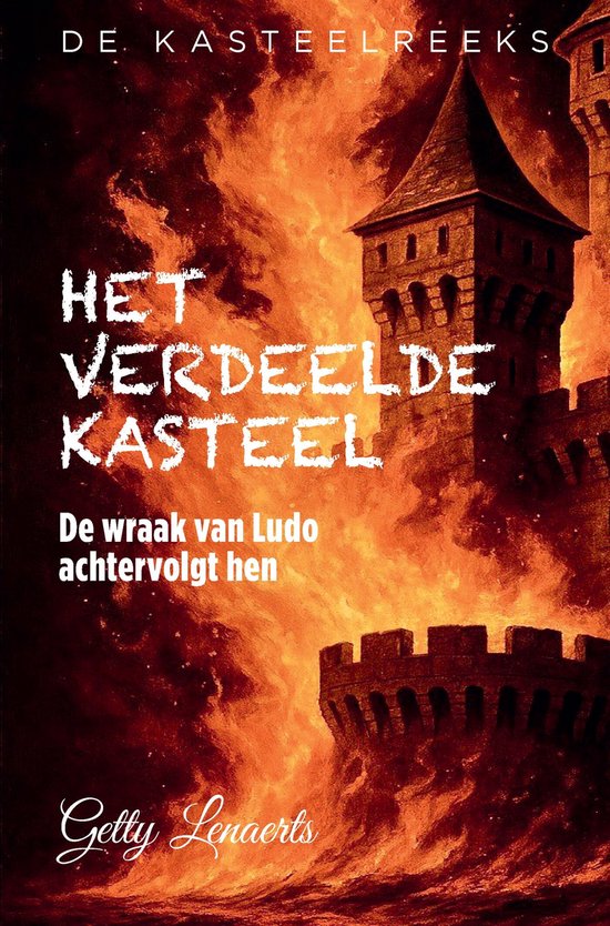 Een kasteel in brand, met de titel 'Het Verdeelde Kasteel'.