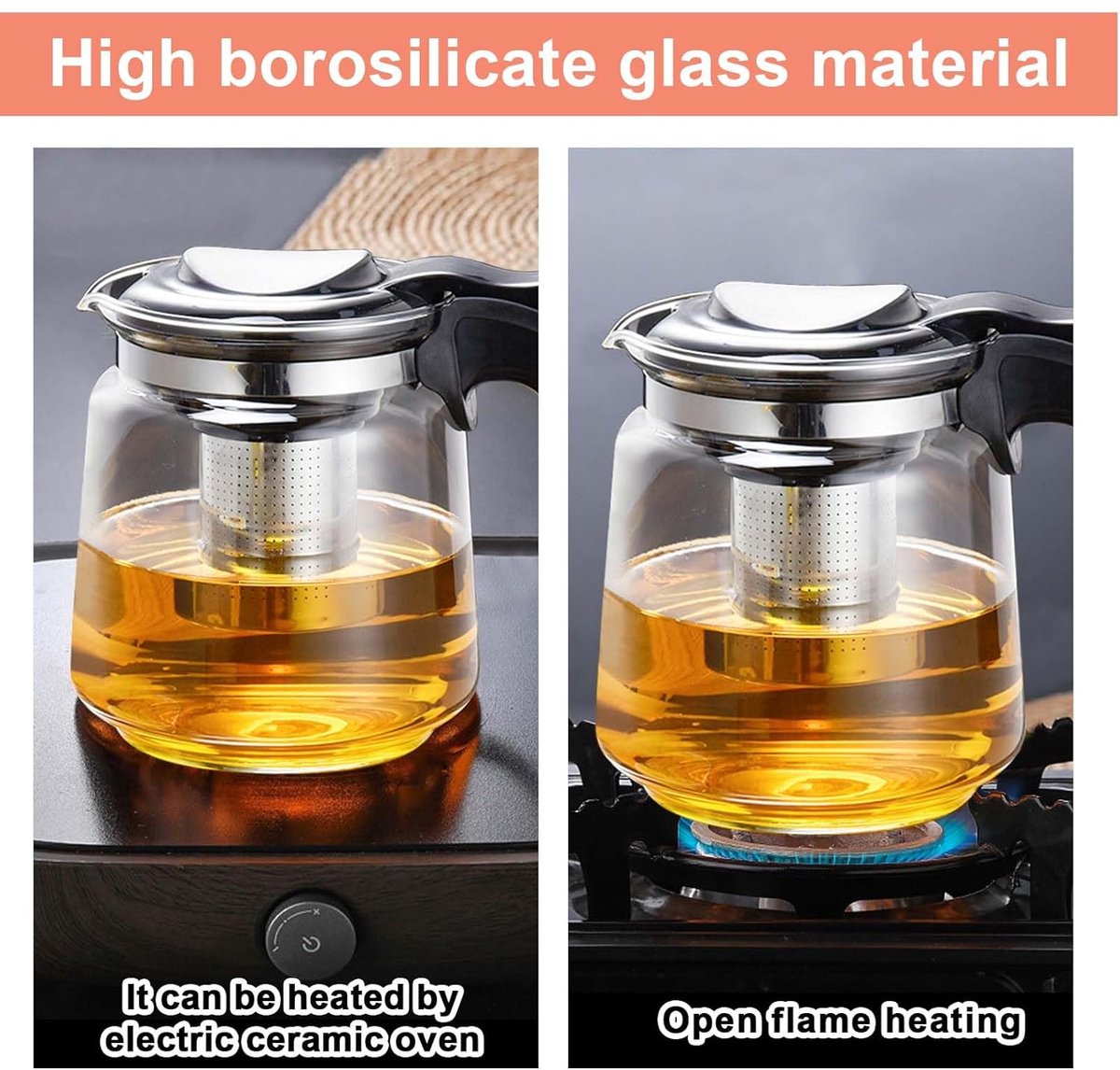 Théière En Verre Borosilicate 1300ml Avec Infuseur Amovible - Résistante à La Chaleur, Plaque De Cuisson OK Théière En Verre Borosilicate 1300ml Avec Infuseur Amovible - Résistante à La Chaleur, Plaque De Cuisson OK