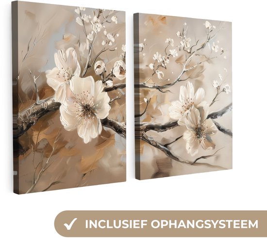 Deux tableaux sur toile représentant des branches de fleurs de cerisier beiges et des fleurs blanches, montrés sur le côté. Système de suspension inclus.