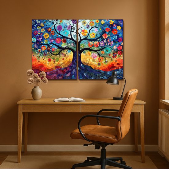 Ensemble de peintures sur toile 120x80 cm - Décoration murale diptyque - Coloré - Arbre de vie - Fleurs - Abstrait - Décoration murale salon - Décoration chambre - Accessoires chambre - Peintures sur toile
