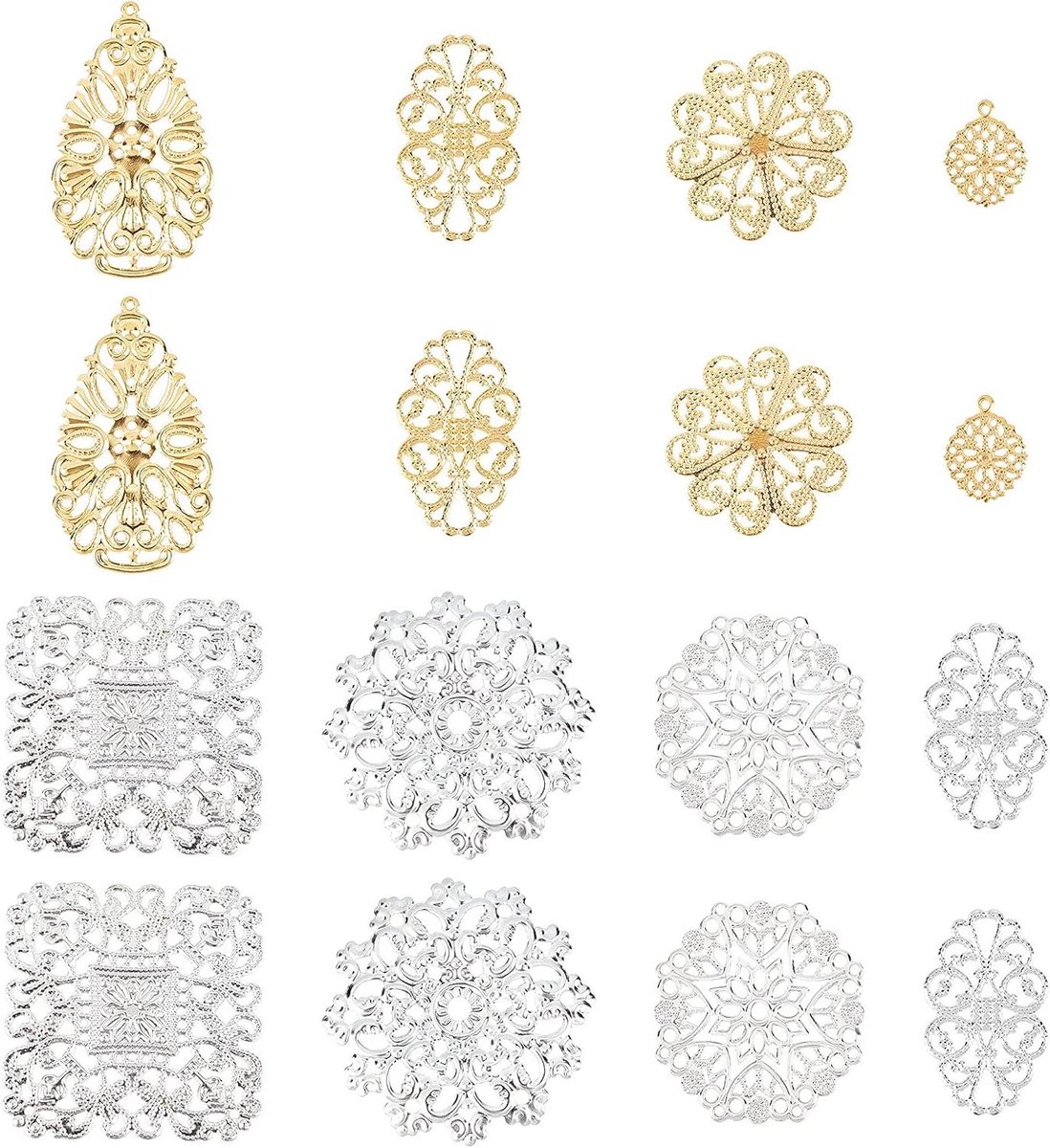 Allecto Premium - Filigraan Joiners Links Charms Pedents, Metalen Versieringen voor DIY Sieraden - 160 stuks, 8 stijlen, 4 kleuren - Hoofddeksels, Oorbellen, Broche, Ketting - Gift Wrapping