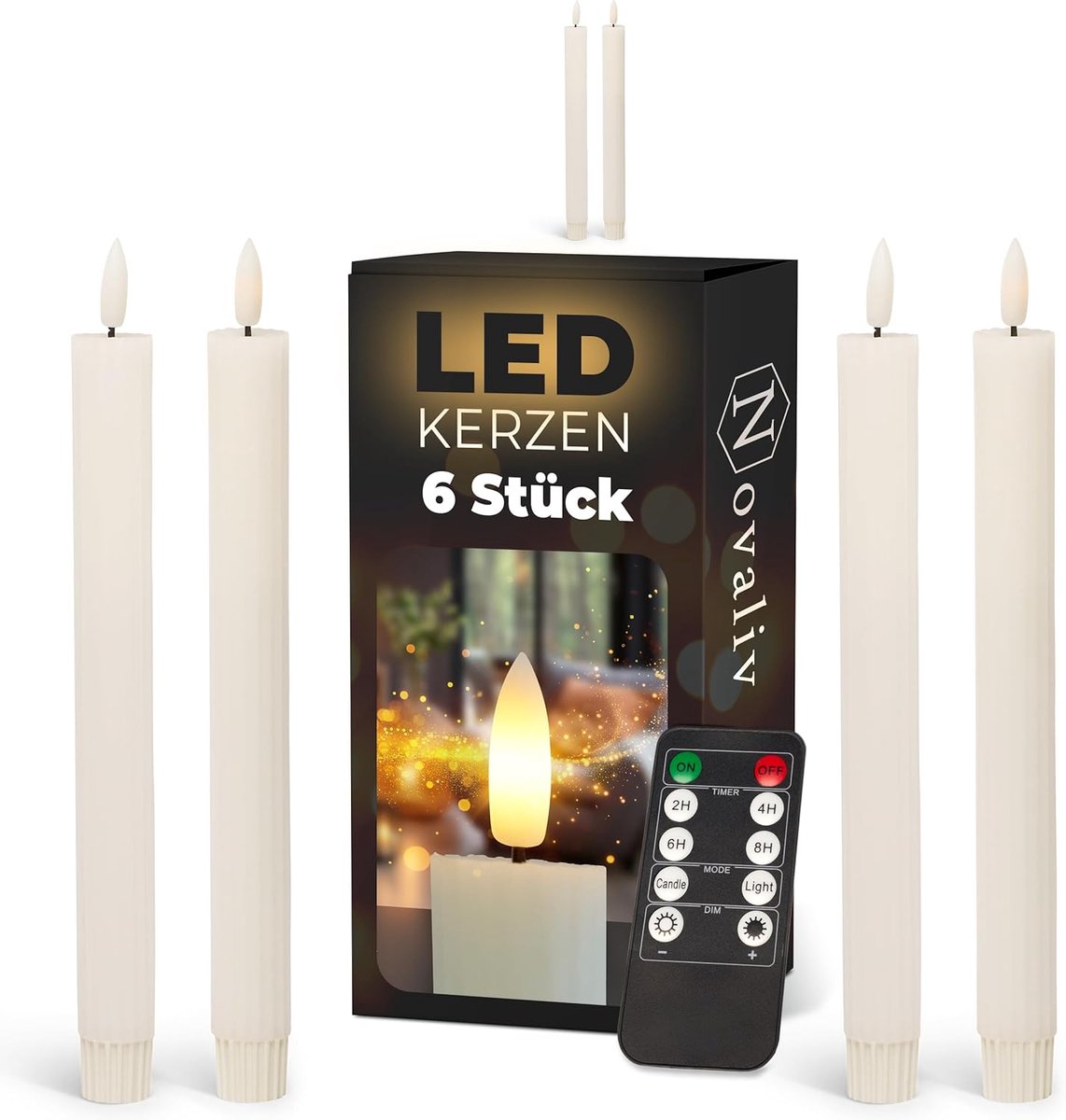 LED-staafkaarsen met timer wit 6 stuks voor binnen - 6 uur - ECHTE WAS geribbeld 23 cm hoog voor kaarsen 2,2 cm diameter 2 AAA-batterijen vereist LED-staafkaarsen set van 2 (twee keer) bewegende vlam