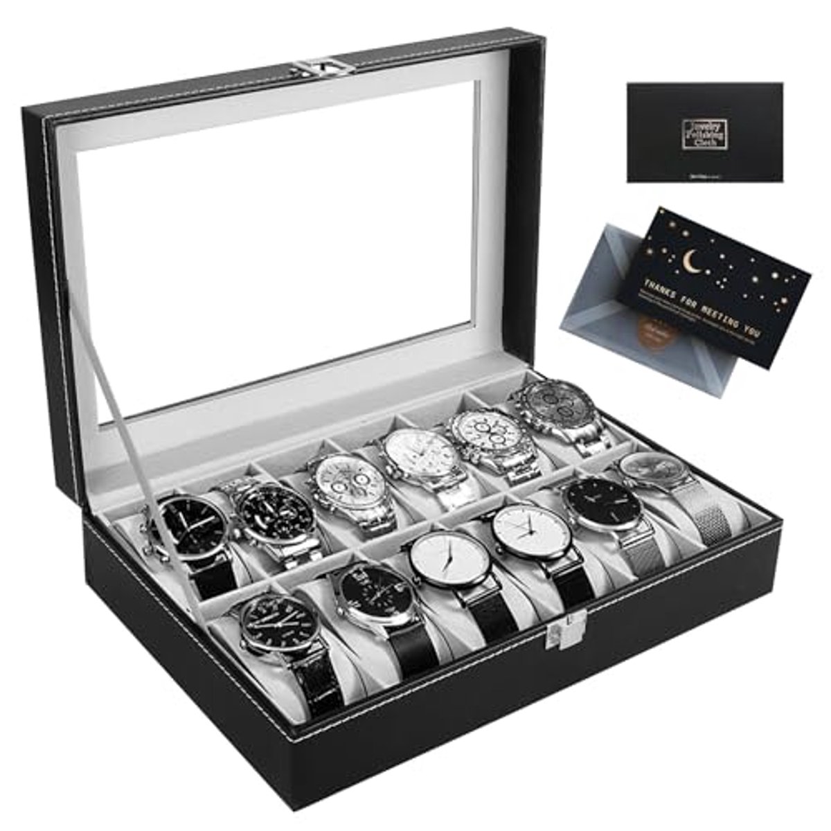 Regelbare Horlogedoos met 12 Compartmenten en Glazen Deksel - Perfecte Organizer voor Mannen en Vrouwen