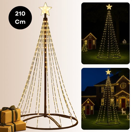 Mât de sapin de Noël Cheqo® - Sapin de Noël extérieur à LED - Siècle des Lumières pour mât - Lumière Wit chaude - Cadre Zwart - Télécommande - Hauteur : 210 cm - Adaptateur IP44 - Convient pour une utilisation en extérieur
