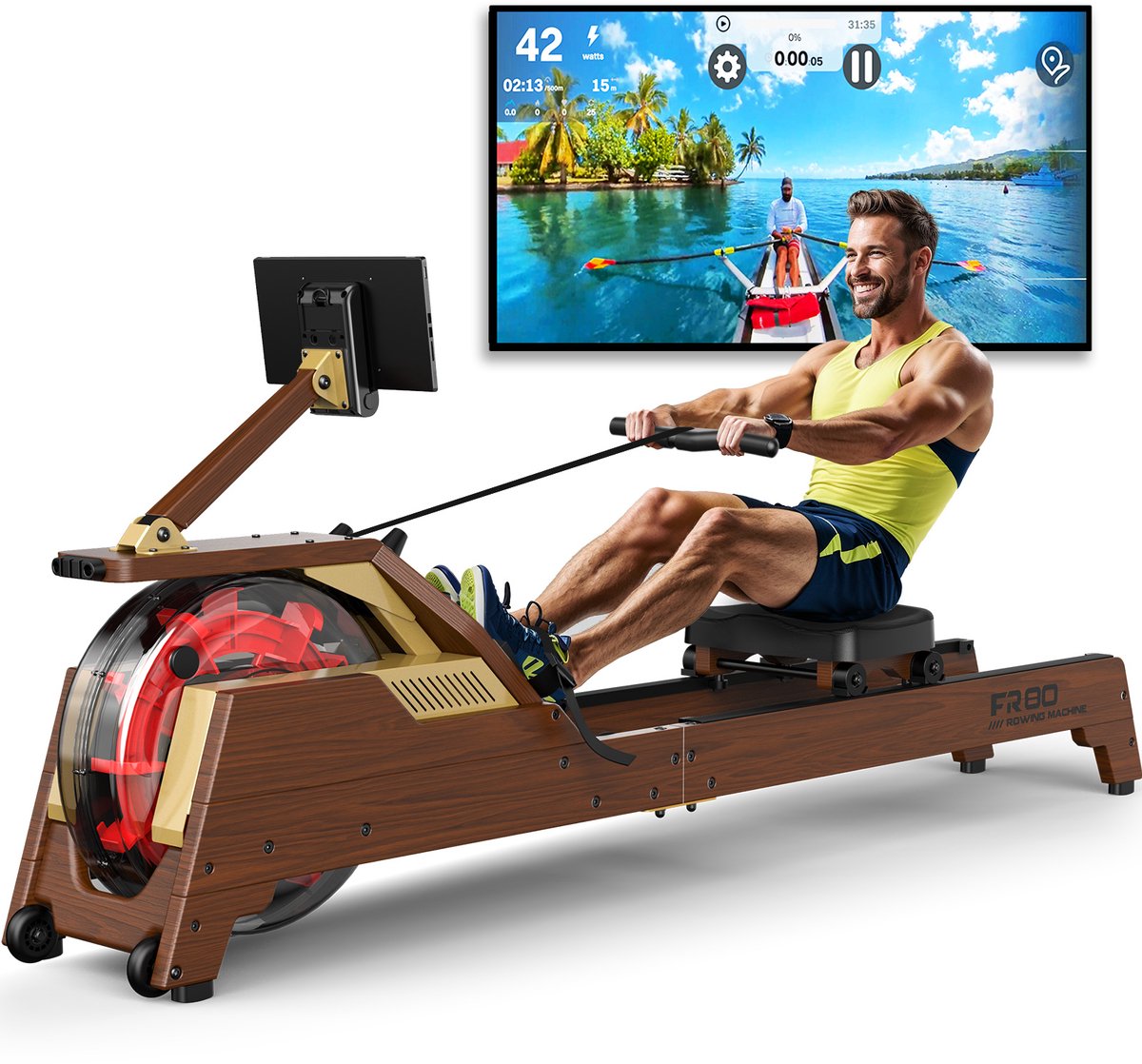 MettleMatic Roeitoestel voor thuis, van eikenhout, 90° watertank, verhoogde rail en tablethouder, compatibel met app, waterroeitoestel, max. 182 kg belastbaar - MettleMatic - €399,99