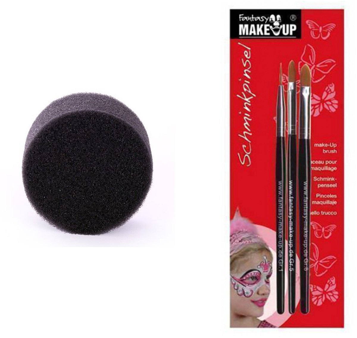 Fantasy Make Up Schmink penselen 3x en sponsje - schminkset - voor kinderen en volwassenen