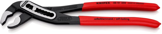 Knipex Alligator waterpomptang, gepolijst, 250mm, met rode handvatten.