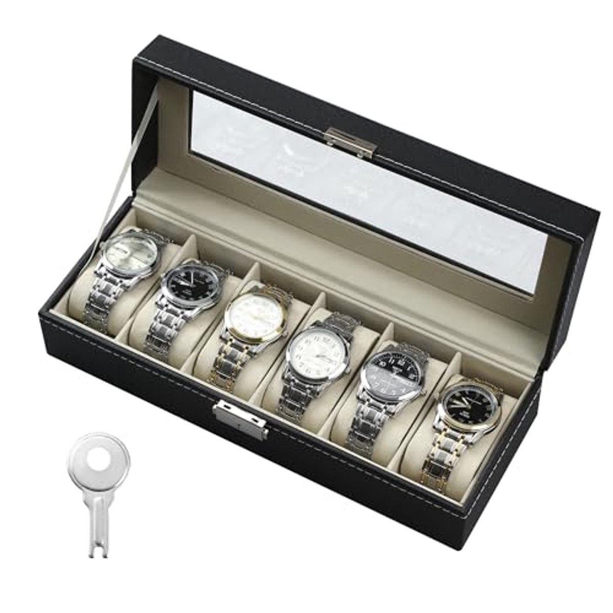 Horlogebox voor 6 horloges met glazen venster en fluwelen voering