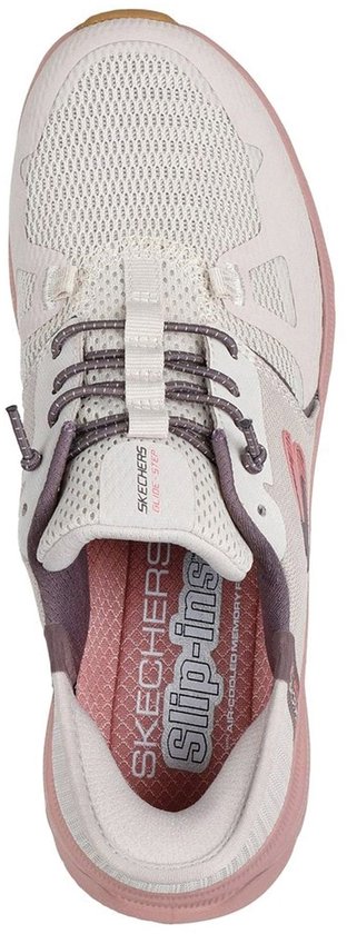 Bovenaanzicht van een witte Skechers Slip-Ins Glide-Step Pro instapper met roze en paarse details.