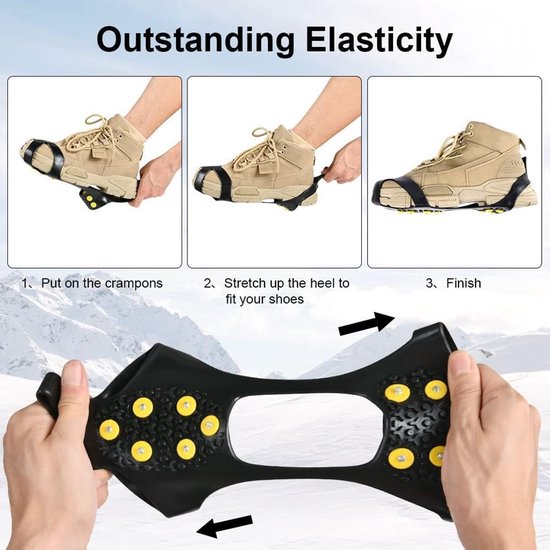 Instructies voor het aantrekken van antislip schoenklauwen op bruine wandelschoenen, met nadruk op elasticiteit.