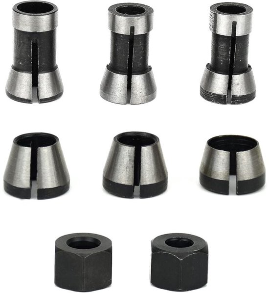 Set van 6 stuks metalen spantangen met spleten, drie rechtop, drie liggend, en twee zeskantmoeren onderaan.