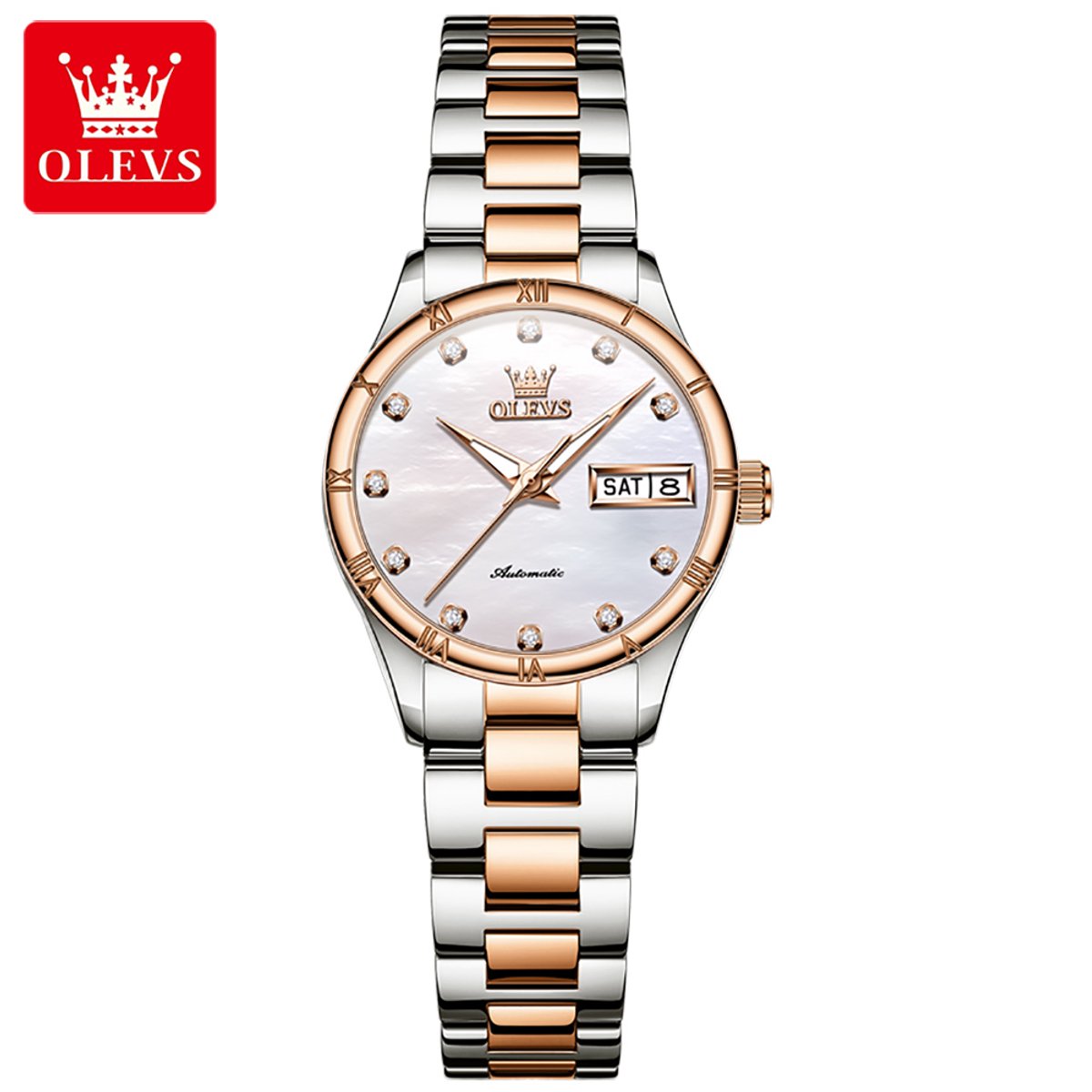HO-7030Lrsg : OLEVS mechanisch zilver-rosegoudkl edelstaal dames horloge, parelmoerige wijzerplaat, kalenderdag, dagnaam, diamantzirkonia
