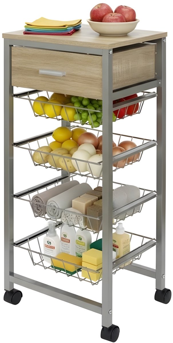 Lomera Keukentrolley op Wieltjes - Verrijdbare Trolley - Serveerwagen - Opbergtrolley - Houten Werkblad - Metalen Manden - Uitschuifbare Lades - Extra Lade - Makkelijk te Verplaatsen - Geschikt voor Keuken - Geschikt voor Andere Kamers