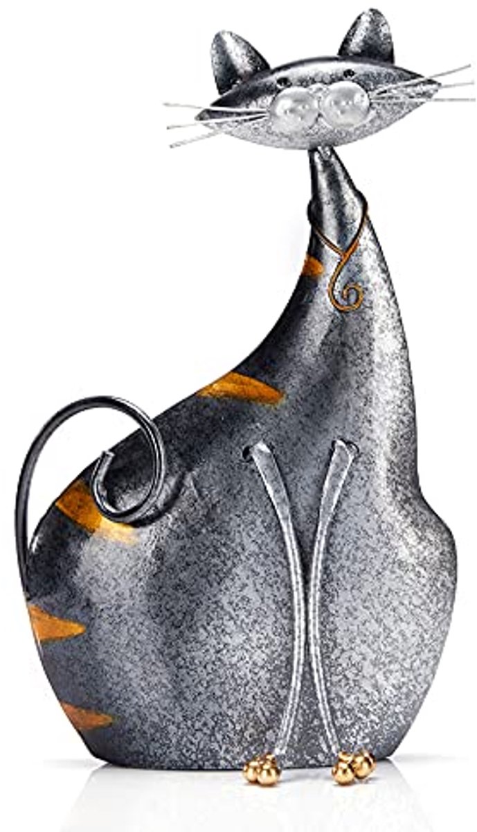 Schattig Zilveren Kat Standbeeld - 11,7 Inch Metalen Kat Decoratie voor Kattenliefhebbers