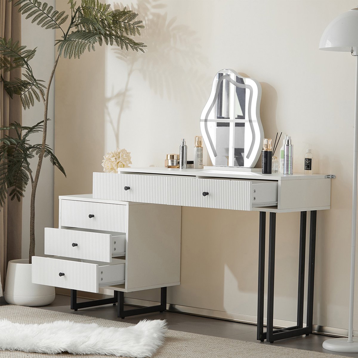 BLACKCOLORS Kaptafel, kaptafelset met spiegel en verlichting, uitschuifbaar blad, LED-verlichting in 3 kleuren, afmetingen: L100/H76/P40 cm (zonder kruk)