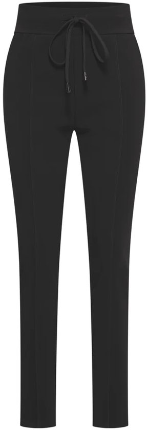 Zwarte skinny broek met opgestikte tailleband met touwtjes.