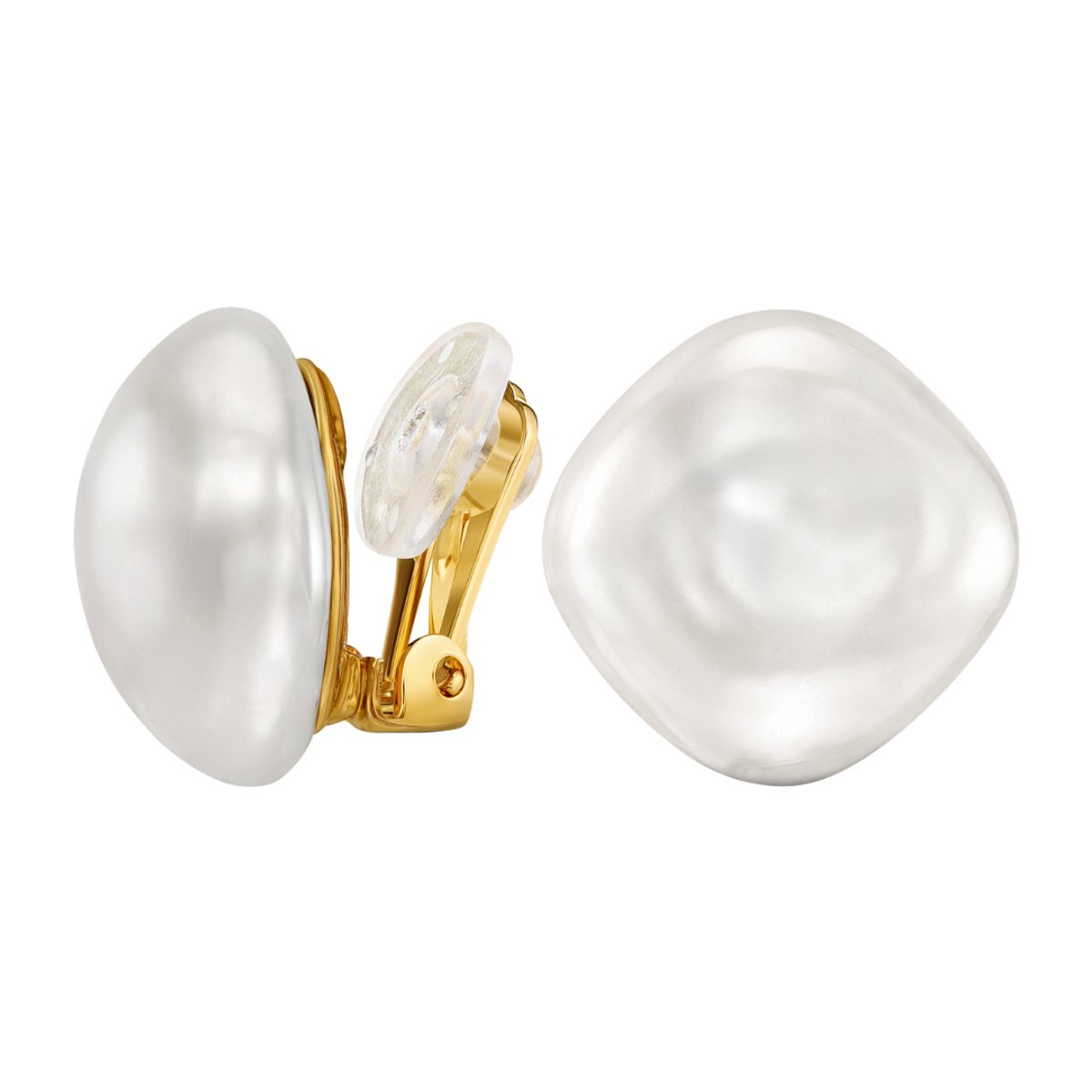 Traveller Clip Oorbellen - Oorclips Dames - 22kt Verguld - Barok Parel - 16 mm - Wit - Vierkant - 114365
