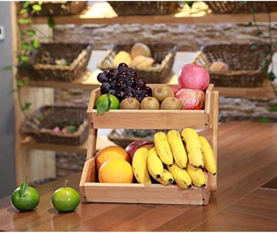 HouseJoy Fruitmand voor keuken, fruitschaal met 2 niveaus, organizer voor aanrecht, fruitstandaard, houten fruithouder voor aanrecht, brood fruit groenten opbergmand standaard