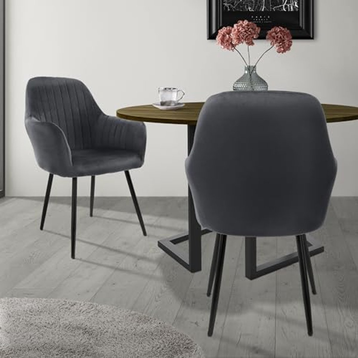 Set van 2 Eetkamerstoelen met Armleuning en Rugleuning - Grijze Fluwelen Dining Stoelen me