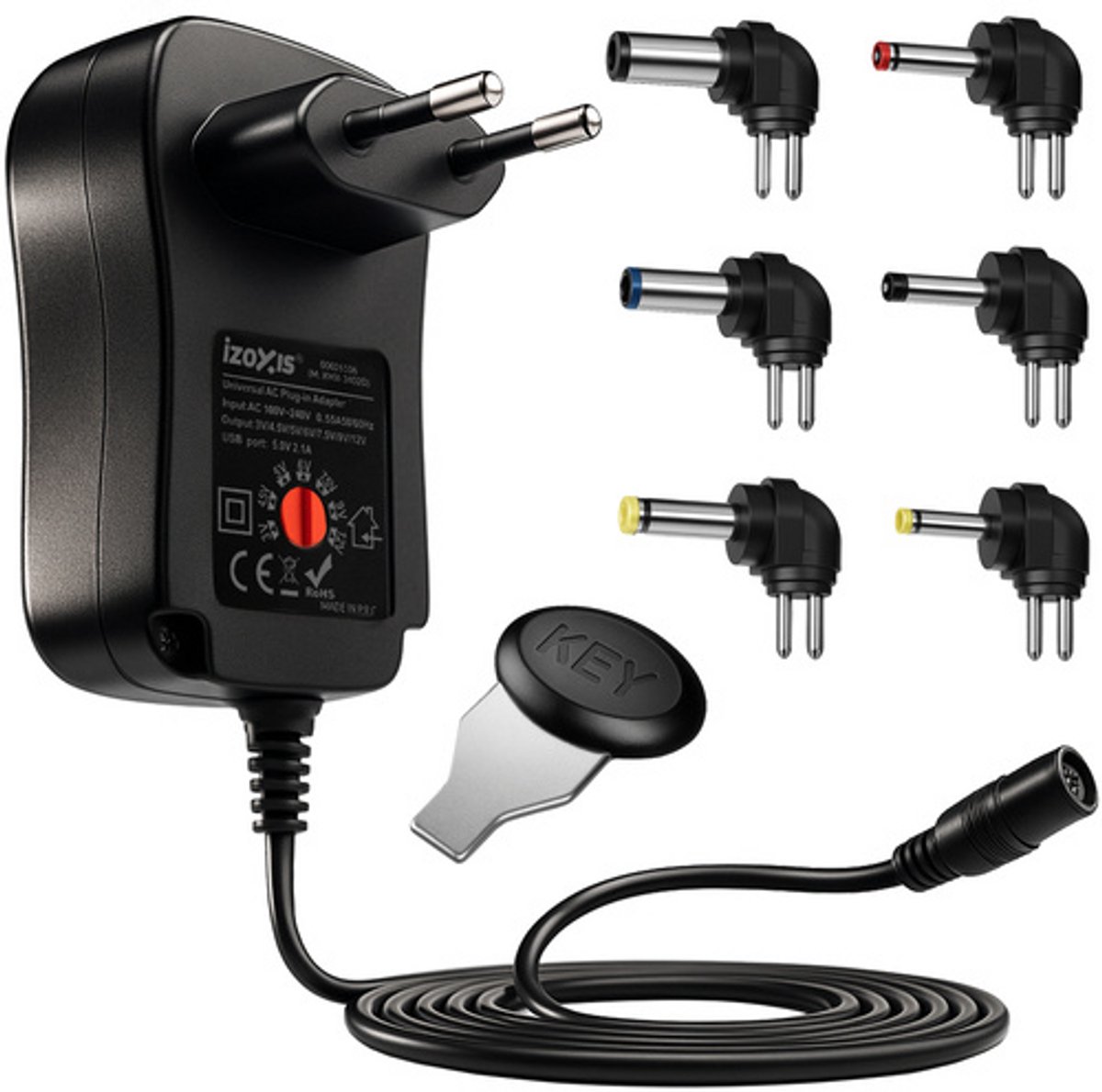HMWR Universele Oplader 3–12V – 30W Netadapter met USB & 6 Plugtips – Verstelbare Voeding – Zwart