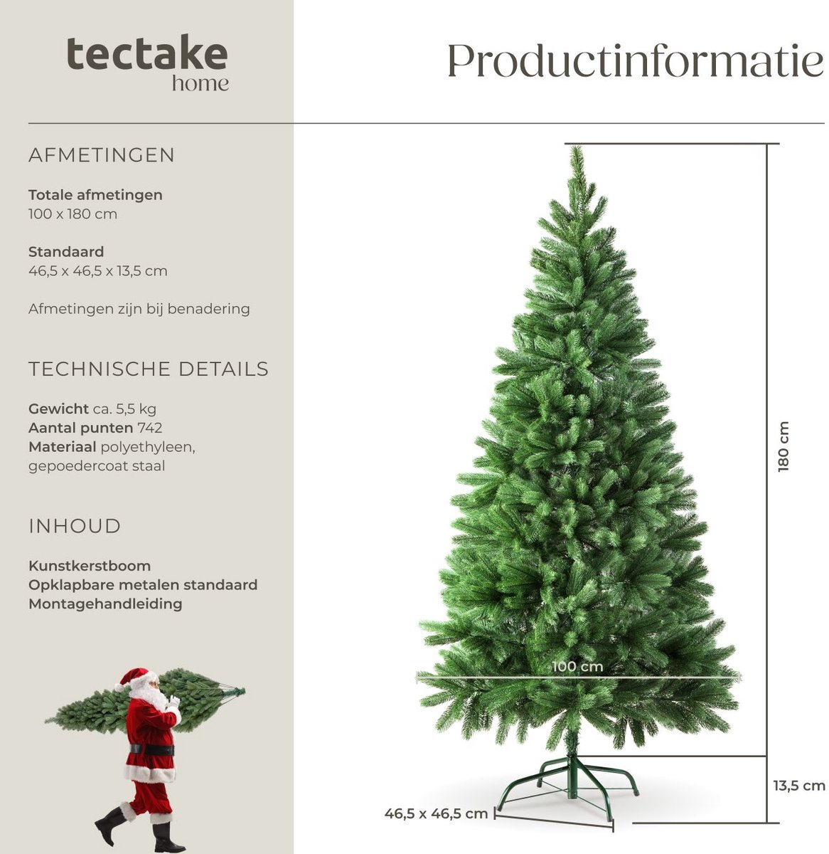tectake® Kunstkerstboom - Levensecht met flexibele takken - Volumineus - Stabiel en eenvoudig te monteren - Kunstkerstboom als kerstversiering - 180cm - 742 takken - Groen – foto 3