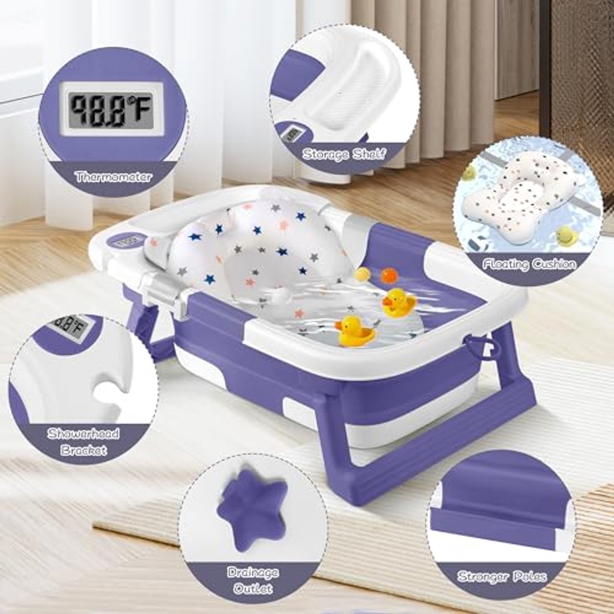 Opvouwbare babybadkuip met kussen en thermometer, Salviablue thumbnail 6