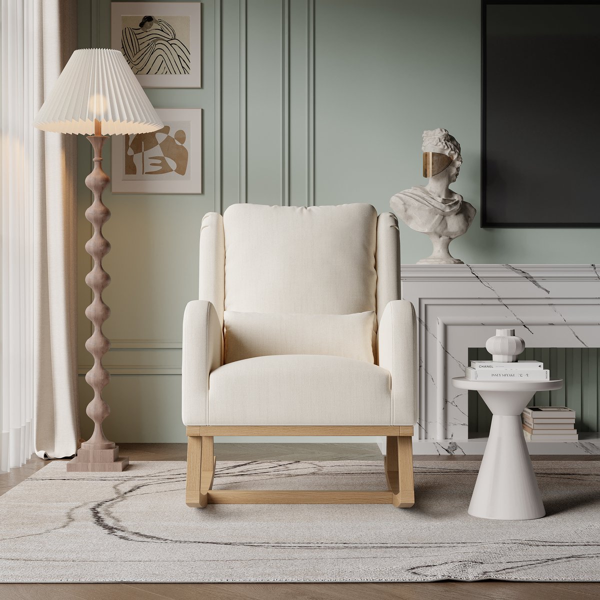 Schommelstoel, gestoffeerde accentschommelstoel voor de kinderkamer, moderne schommelstoel met fauteuil en zijvak, schommelstoel voor de kinderkamer, woonkamer, slaapkamer en speelkamer, beige