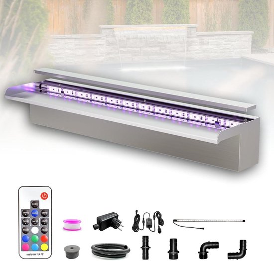 LONGRUN 90 cm vijver waterval Blade Kit, 304 roestvrij staal gebogen waterval functie morsen, outdoor zwembad fontein met 7 kleuren Bluetooth LED -verlichting en afstandsbediening, breedte 25,5 cm