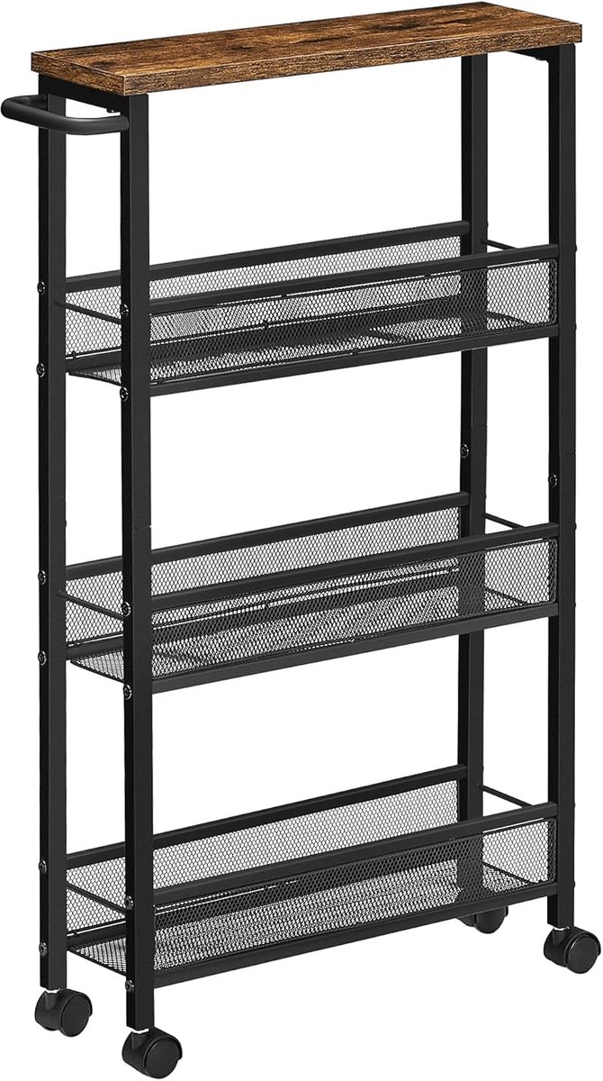 VASAGLE - Serveerwagen - mobiel opbergrek - slank - 360° draaibare wielen - metalen frame - voor keuken, woonkamer, kantoor - bruin met zwart