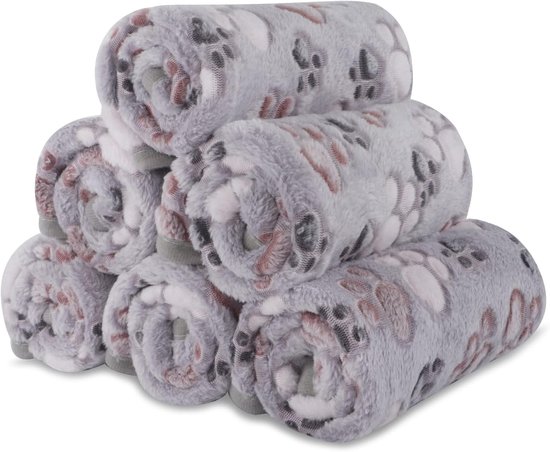 Lot de 6 couvertures pour petits chiens, super douces et chaudes, motif pattes, en flanelle polaire pour petits et moyens chiens et chats (60 x 40 cm, gris)